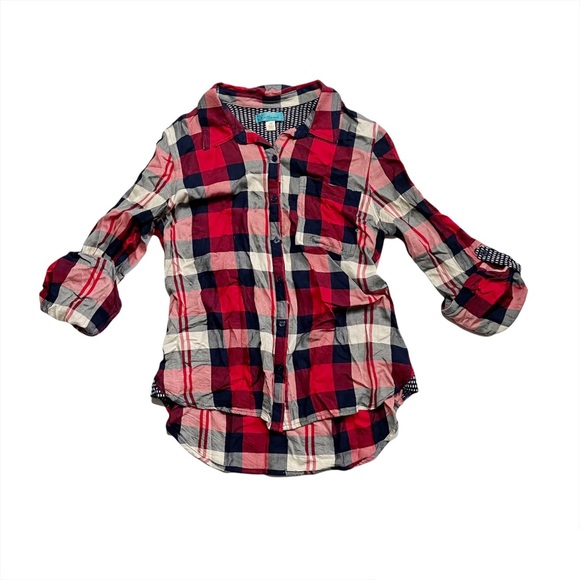 buttons Tops - Buttons Plaid Flannel Button Down Shirt Red Blue White Size Medium